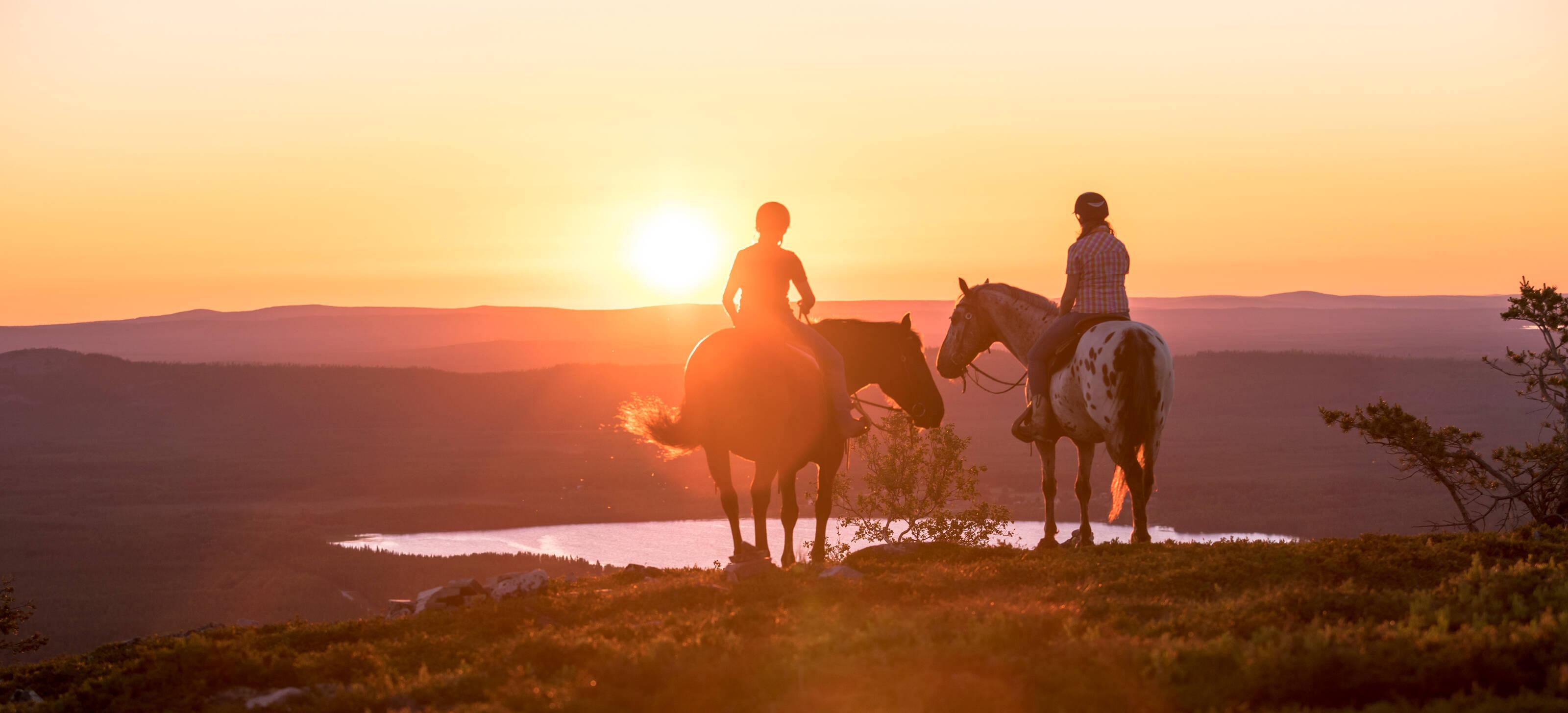 Deux cavaliers avec leurs chevaux admirant le soleil de minuit